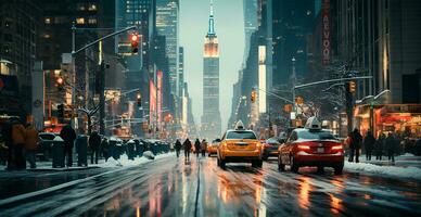 noche Nevado Navidad americano ciudad nuevo york, nuevo año día festivo, borroso antecedentes - ai generado imagen foto