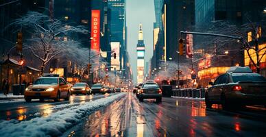 noche Nevado Navidad americano ciudad nuevo york, nuevo año día festivo, borroso antecedentes - ai generado imagen foto