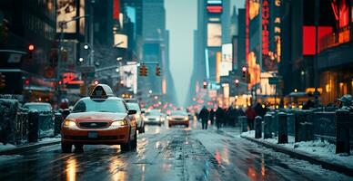 noche Nevado Navidad americano ciudad nuevo york, nuevo año día festivo, borroso antecedentes - ai generado imagen foto