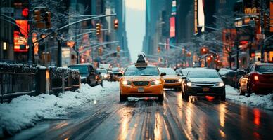 noche Nevado Navidad americano ciudad nuevo york, nuevo año día festivo, borroso antecedentes - ai generado imagen foto