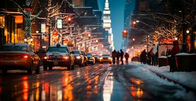 noche Nevado Navidad americano ciudad nuevo york, nuevo año día festivo, borroso antecedentes - ai generado imagen foto