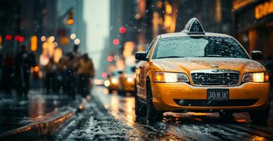 noche Nevado Navidad americano ciudad nuevo york, Manhattan área, nuevo año, borroso antecedentes - ai generado imagen foto