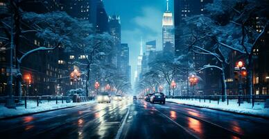 Night snowy Christmas American city New York, Manhattan area, New Year, blurred background - AI generated image photo