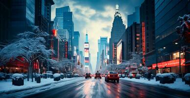 noche Nevado Navidad americano ciudad nuevo york, Manhattan área, nuevo año, borroso antecedentes - ai generado imagen foto