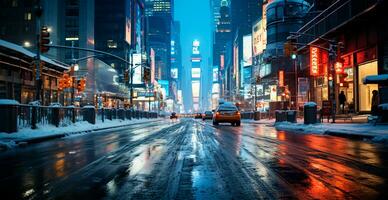 Night snowy Christmas American city New York, Manhattan area, New Year, blurred background - AI generated image photo