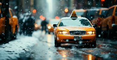 noche Nevado Navidad americano ciudad nuevo york, Manhattan área, nuevo año, borroso antecedentes - ai generado imagen foto