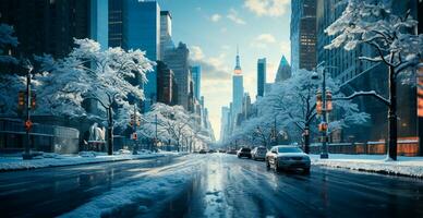 Night snowy Christmas American city New York, Manhattan area, New Year, blurred background - AI generated image photo