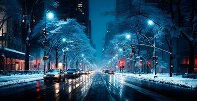 Night snowy Christmas American city New York, Manhattan area, New Year, blurred background - AI generated image photo