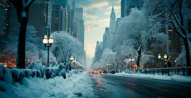 Night snowy Christmas American city New York, Manhattan area, New Year, blurred background - AI generated image photo