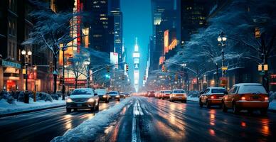 Night snowy Christmas American city New York, Manhattan area, New Year, blurred background - AI generated image photo