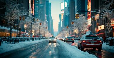 Night snowy Christmas American city New York, Manhattan area, New Year, blurred background - AI generated image photo