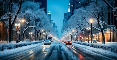 Night snowy Christmas American city New York, Manhattan area, New Year, blurred background - AI generated image photo