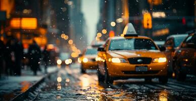 noche Nevado Navidad americano ciudad nuevo york, Manhattan área, nuevo año, borroso antecedentes - ai generado imagen foto