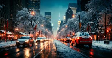 Night snowy Christmas American city New York, Manhattan area, New Year, blurred background - AI generated image photo