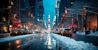 Night snowy Christmas American city New York, Manhattan area, New Year, blurred background - AI generated image photo