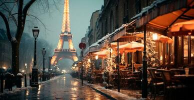 Night snowy Christmas Paris, New Year holiday, blurred background - AI generated image photo
