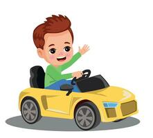 Cute boy driving a toy electric car vector cartoon illustration isolated on white background