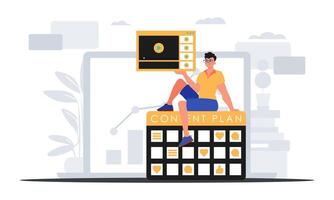 The Man sits on the capacity plan and holds a windowpane with a television record consider . digital sell concept. Trendy style, Vector Illustration