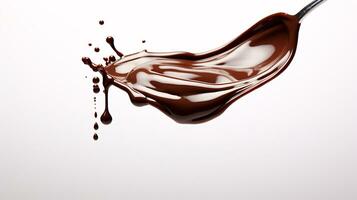 Luscious Chocolate Sauce Dripping from Silver Spoon Against Stark White Background AI Generative photo