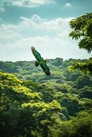 Dense, emerald-green jungle scene with a vibrant parrot flying amidst the foliage photo