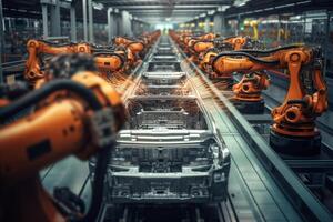 Overhead view of robotic precision on an automotive assembly line photo