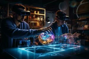 Immersion into the virtual and augmented realities highlighting the marvel of technology and fusion of reality with the digital realm AI Generative photo