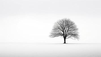 encarnando soledad - monocromo imagen de un solitario árbol fundición oscuridad en contra un rígido blanco antecedentes ai generativo foto