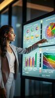 Confident businesswoman with vibrant copyspace pointing at an interactive screen filled with colorful charts AI Generative photo