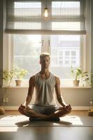 A young man practicing yoga in a bright living room filled with serene energy AI Generative photo
