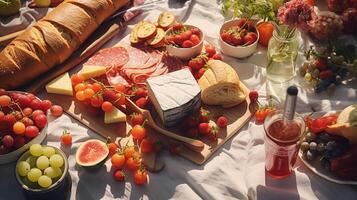 aéreo ver de un verano picnic exhibiendo al aire libre comida en un a cuadros cobija ai generativo foto