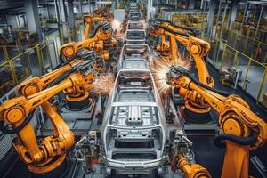 gastos generales ver de robótico precisión en un automotor montaje línea ai generativo foto