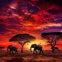 Stunning African safari scene at sunset with elephants, giraffes, and zebras under a fiery sky photo
