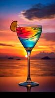 Breathtaking Sunset View with a Colorful Layered Cocktail Glass Offering Copy Space AI Generative photo