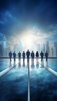 Business professionals on the start line of a running track against a cityscape photo