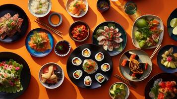 Overhead snapshot of international cuisine sushi pasta and tacos on a colorful tablecloth photo
