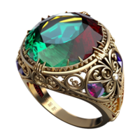 Beautiful ancient golden ring with many various big expensive gemstones Ai Generative png