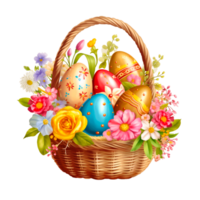 Happy Easter Day Colorful Eggs Basket With Spring Flowers Ai Generative png