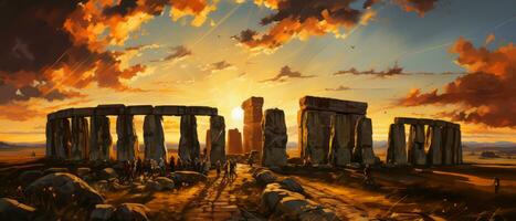 Stonehenge at sunset, Stonehenge in the desert. Digital oil color painting illustration. AI Generated. photo