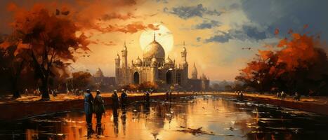 Taj Mahal in India - panoramic view from Taj Mahal. Digital oil color painting illustration. AI Generated. photo