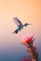 Minimalist capture of a hummingbird mid-flight sipping nectar from an exotic flower photo