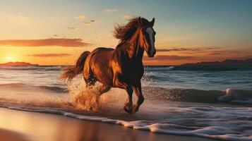 dinámica imagen de un caballo Galopando a través de un arenoso playa en contra un maravilloso puesta de sol ai generativo foto