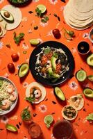 un internacional banquete desde arriba, un unificando untado de Sushi, pasta, y tacos en un vibrante Manteles ai generativo foto