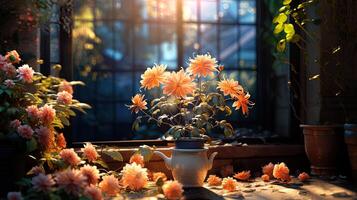 Blooming Beauty Vibrant Flowers in Large Pots, Lighting up Separate Floors with Warm Ambiance photo