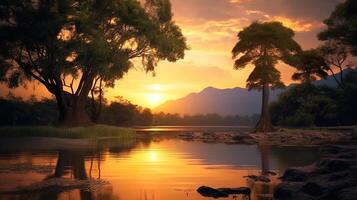Golden Tranquility Serene Thailand Rice Fields in the Beautiful Evening Sunlight background photo