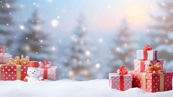 Celebrate Christmas Day with a Festive Christmas Background Snowfall Gift Boxes and Joyful Holiday Season Magic photo
