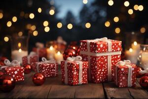 Celebrate Christmas Day with a Festive Christmas Background Snowfall Gift Boxes and Joyful Holiday Season Magic photo