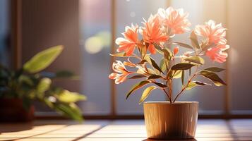 Blooming Beauty Vibrant Flowers in Large Pots, Lighting up Separate Floors with Warm Ambiance photo