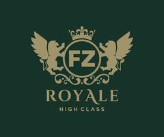 Golden Letter FZ template logo Luxury gold letter with crown. Monogram alphabet . Beautiful royal initials letter. vector