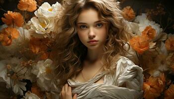 un hermosa joven mujer con largo rubio pelo y Rizado cabello, mirando a el cámara con un alegre sonrisa, rodeado por otoño hojas generado por ai foto