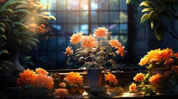 Blooming Beauty Vibrant Flowers in Large Pots, Lighting up Separate Floors with Warm Ambiance photo